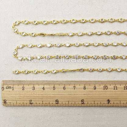 WT-BC081 Wholesale 24k Real Gold Electroplated Brass Chain With Zircon Bead Charm Brass Chain for Jewelry Supply