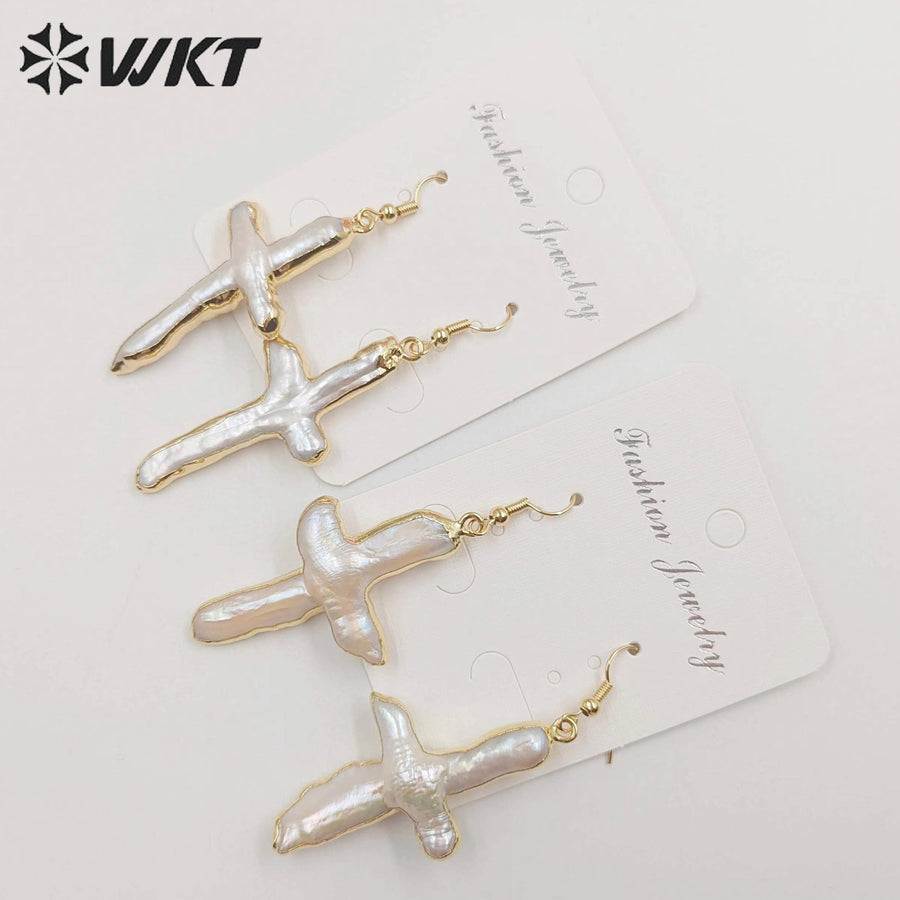 WT-E071 Super Hot Christian Religious Cross Earrings 18k Real Gold Plated Dangle Natural Freshwater Pearl Earrings for Wedding