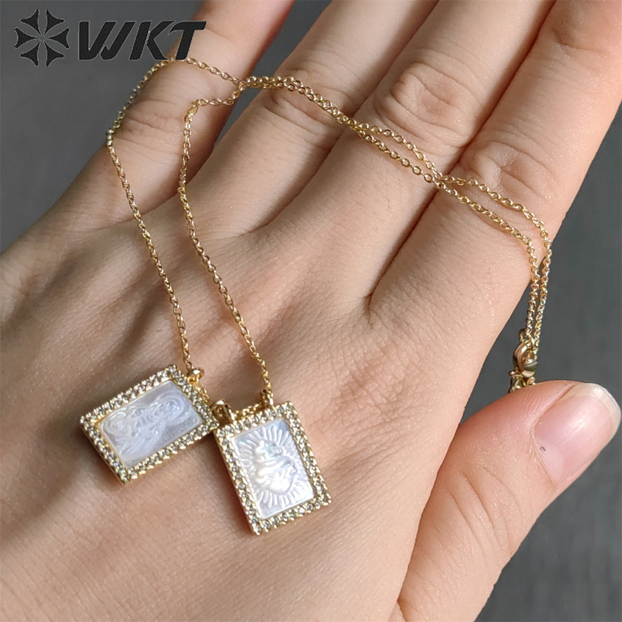 WT-JN220 Super Hot Fashion Double Charms Micropaved CZ Setting Mother of Pearl Shell Necklace 18k Gold Religion Maria Necklace