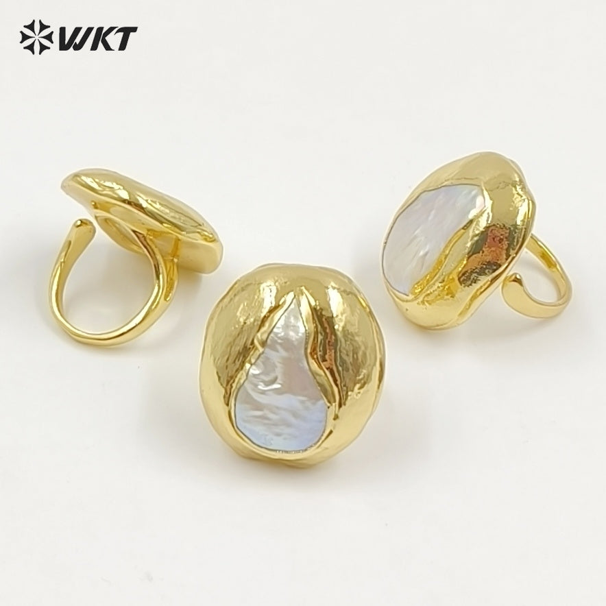 WT-MPR168 Luxury 18K Gold Plated Irregular Shape Natural Freshwater Pearl Rings Adjustable Size For Lady Fashion Jewelry