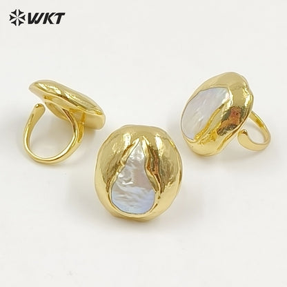 WT-MPR168 Luxury 18K Gold Plated Irregular Shape Natural Freshwater Pearl Rings Adjustable Size For Lady Fashion Jewelry