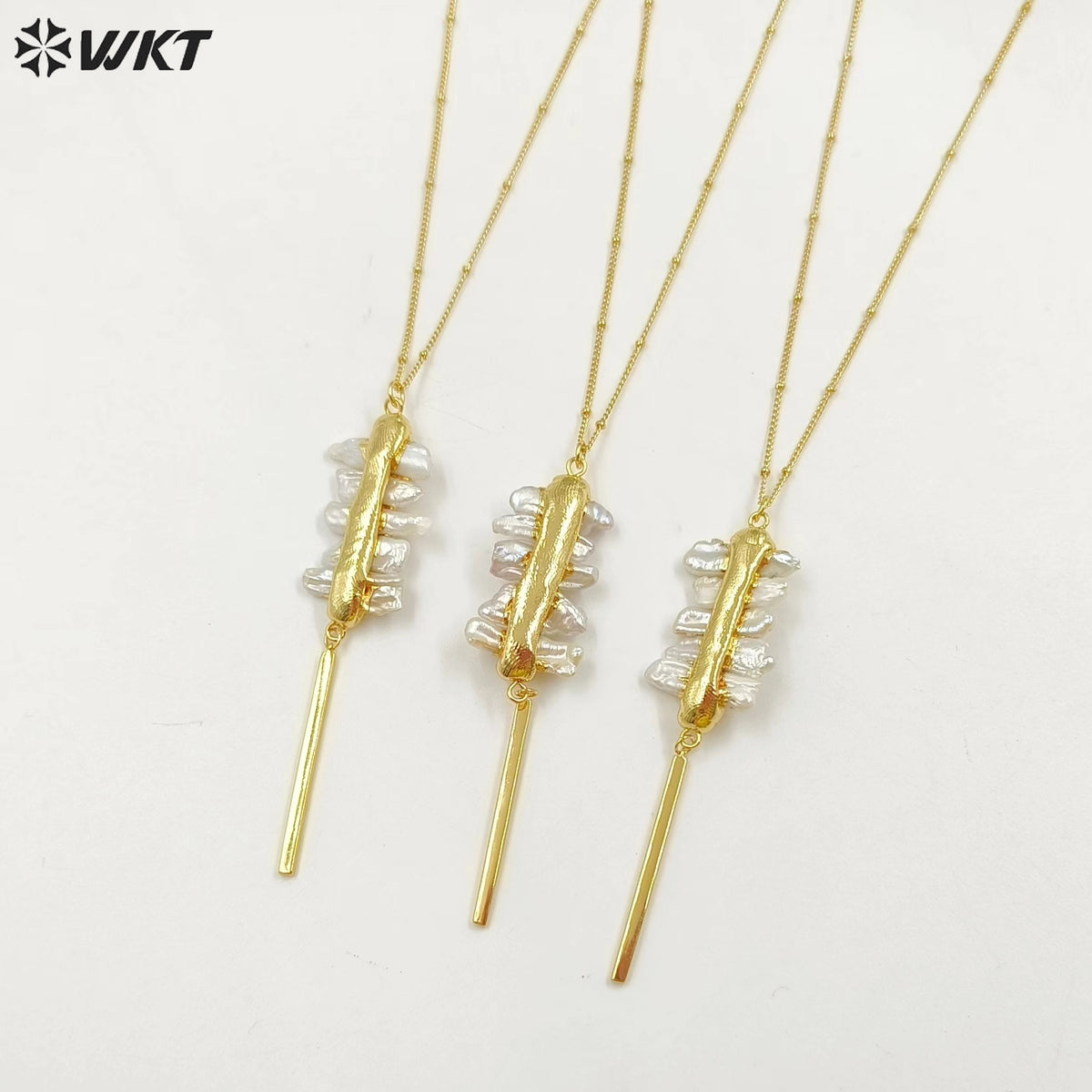 WT-N1124 Wholesale Freshwater Pearl Connector Necklace, 18K Real Gold Plated Stick Shape Freshwater Pearl Necklace