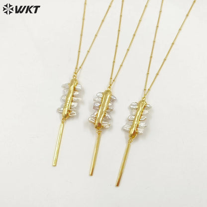 WT-N1124 Wholesale Freshwater Pearl Connector Necklace, 18K Real Gold Plated Stick Shape Freshwater Pearl Necklace
