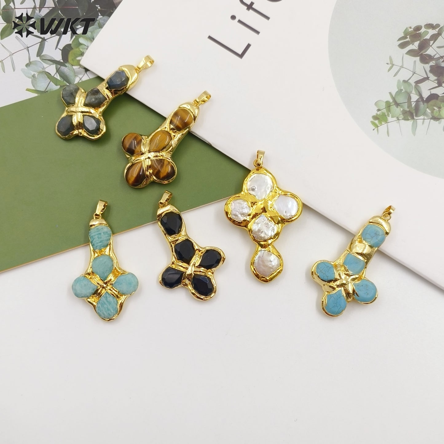 WT-P1962 Wholesale Amazing New Design Natural Gemstone Made Drop Shape Assemble Cross Jewelry Pendants