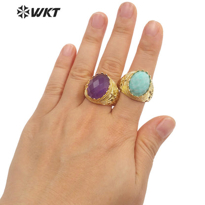 WT-R456 Wholesale Newest Spring Design 18k Gold Plated Oval Natural Stone Ring Gold Bezel Setting Europe Popular Jewelry Ring