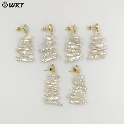 WT-E498 Irregular Shape Pearl Earring Stud With Long Bar Pearl Random Size Jewelry Natural Freshwater Pearl Earring