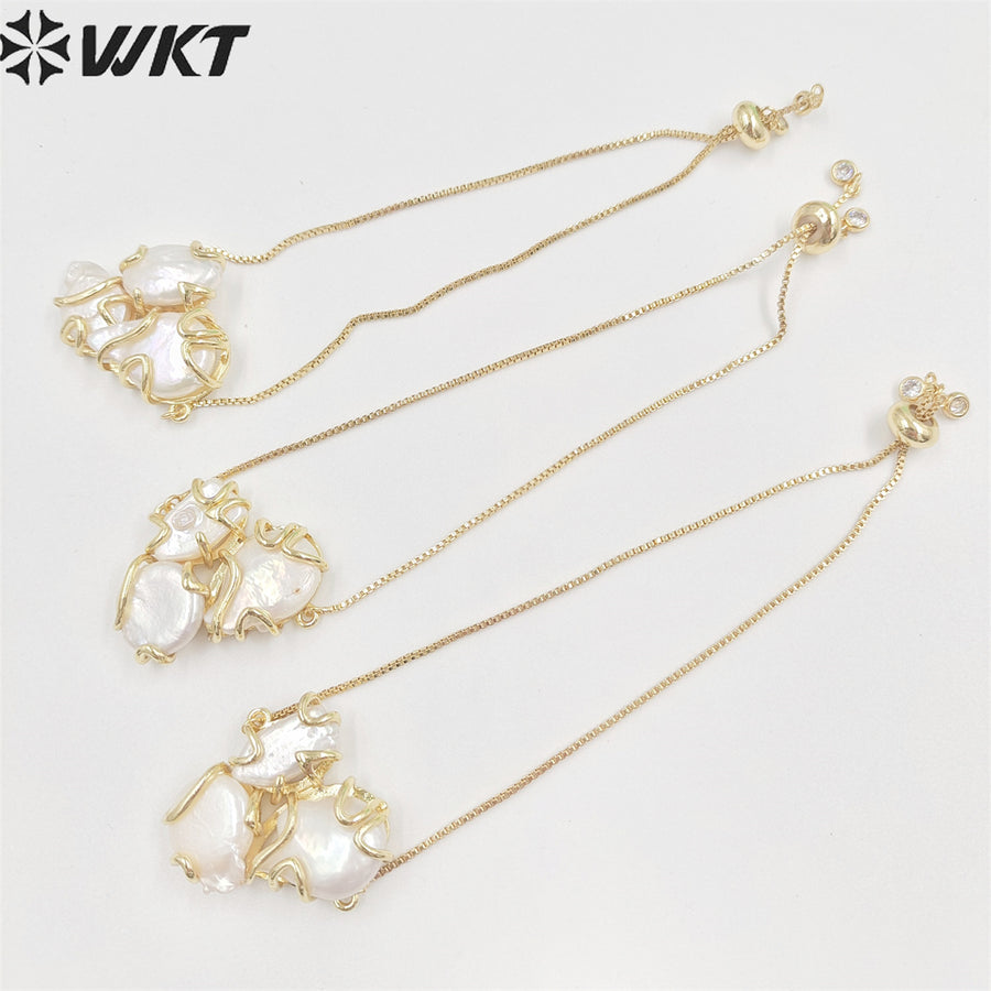 WT-MPB056 Women Elegant Fashion Gold Plated Freshwater Pearl Bracelets in Adjustable Size Unique Gold White Triple Pearl