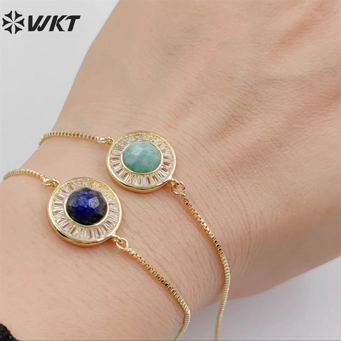 WT-B624 WKT Elegant Charming Round Micropaved Cubic Zircon Gold Bezel Stone Bracelet Adjustable Gold Double Connector Bracelet
