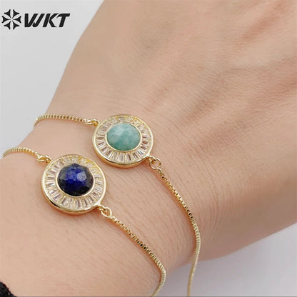 WT-B624 WKT Elegant Charming Round Micropaved Cubic Zircon Gold Bezel Stone Bracelet Adjustable Gold Double Connector Bracelet