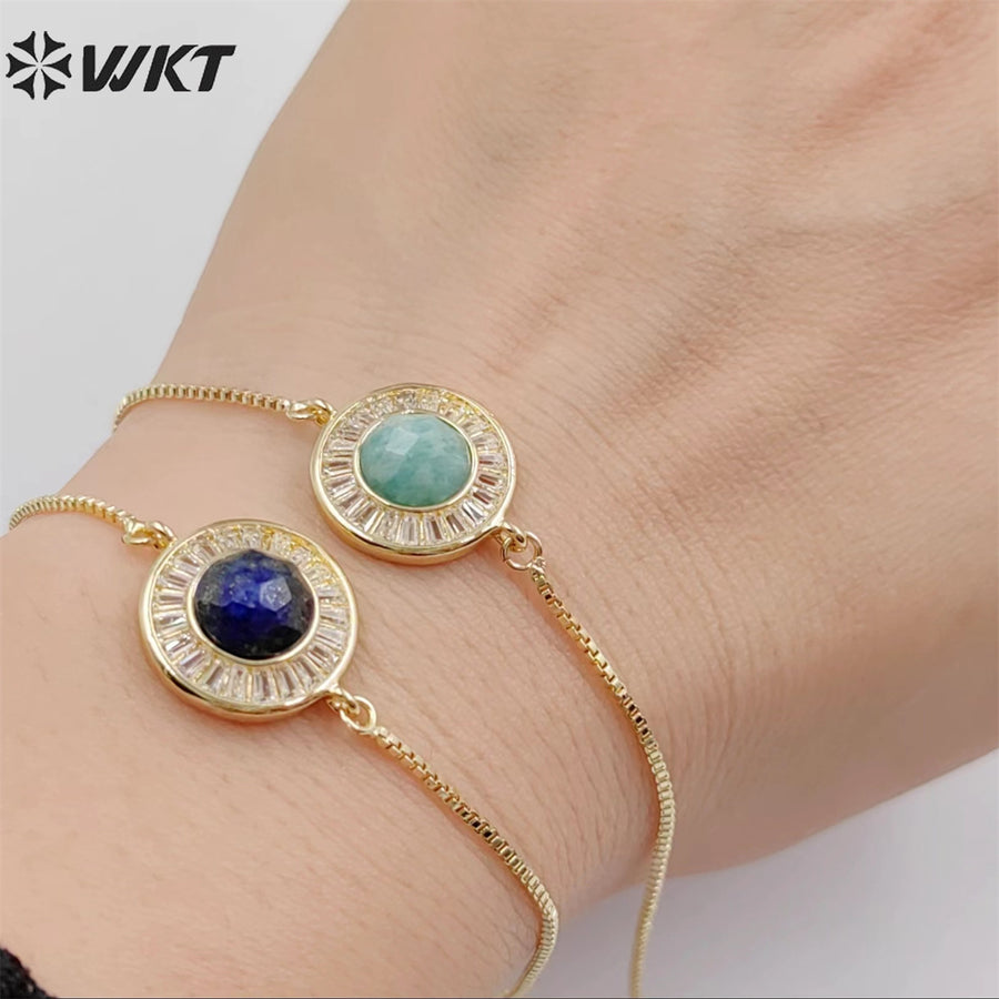WT-B624 WKT Elegant Charming Round Micropaved Cubic Zircon Gold Bezel Stone Bracelet Adjustable Gold Double Connector Bracelet