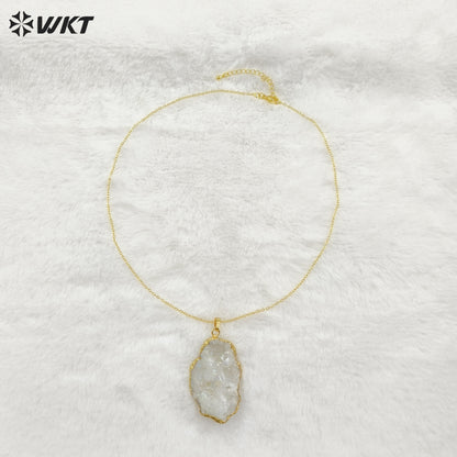 WT-N336 Wholesale Fashion Gold Plated Natural Geode Druzy White Crystal Quartz Hole Pendant Necklace Raw Stone