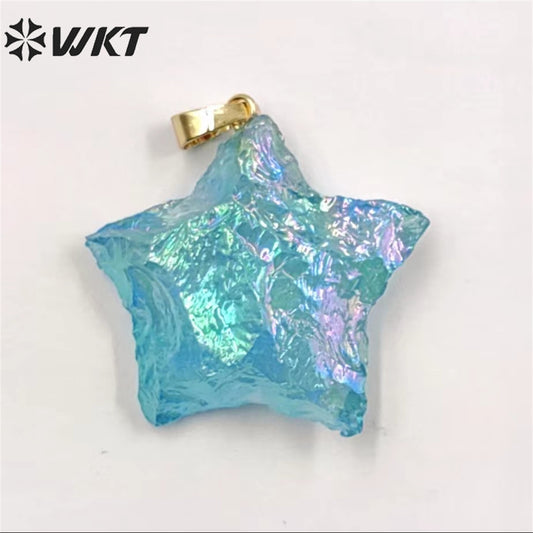 WT-P1885 Amazing Natural Aqua Aura Crystal Quartz Pendant Single Loop Raw Stone Quartz Star Pendant for Necklace Design