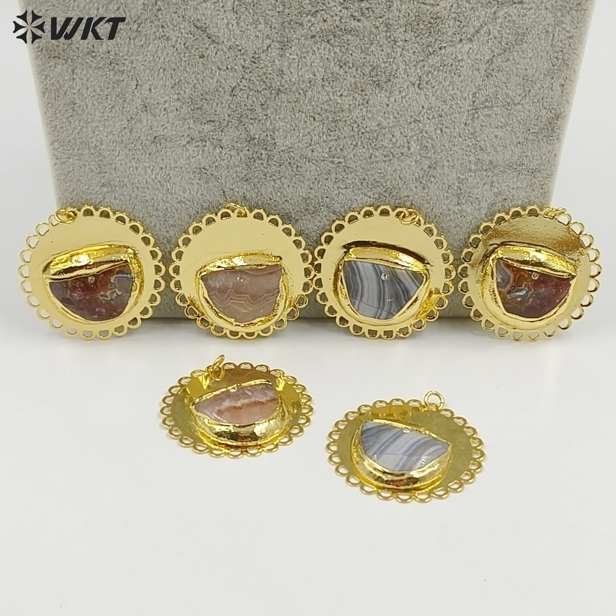 WT-P2082 Newest Design Gold Electroplated Metal And Natural Mexico Agate Stone Pendants For Handmade Necklace DIY Findings