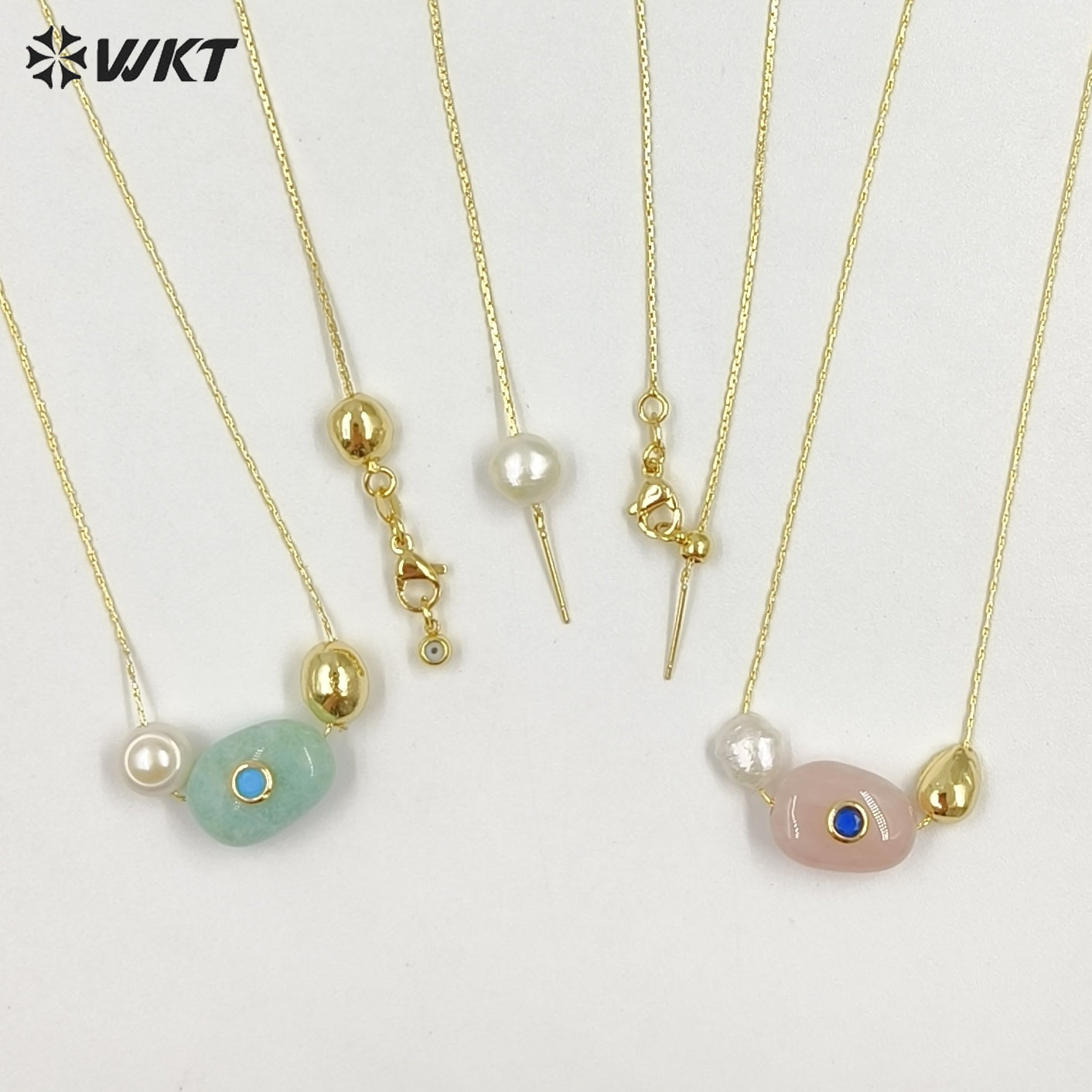 WT-N1541 Elegant Trendy Style Gold Electroplated Tiny Chain With Natural Gemstone And Pearl Pendant Necklace For Daily Wearing