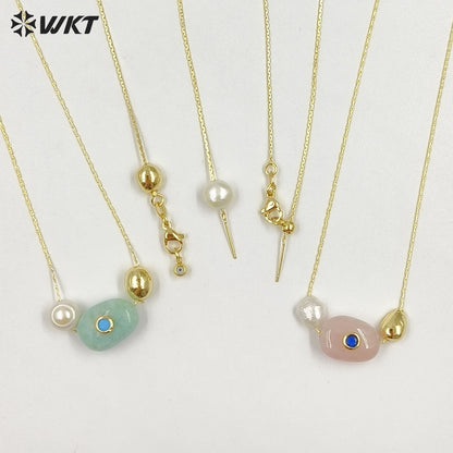 WT-N1541 Elegant Trendy Style Gold Electroplated Tiny Chain With Natural Gemstone And Pearl Pendant Necklace For Daily Wearing