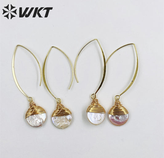 WT-E542 New Design Elegant White Pearl With Brass Wire Wrapped Pendant Earrings Natural Freshwater Pearl Earring