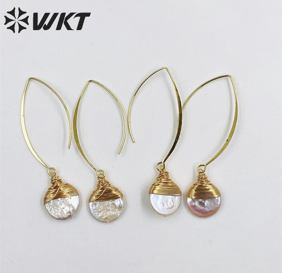 WT-E542 New Design Elegant White Pearl With Brass Wire Wrapped Pendant Earrings Natural Freshwater Pearl Earring