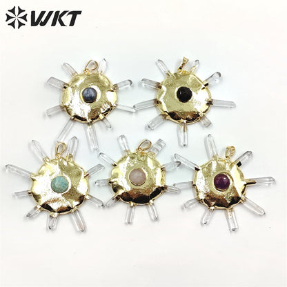WT-P1884 WKT New Design Fashion Crown Shape Crystal Quartz Pendant Boho Women Round Wheel Stone Pendant for Necklace