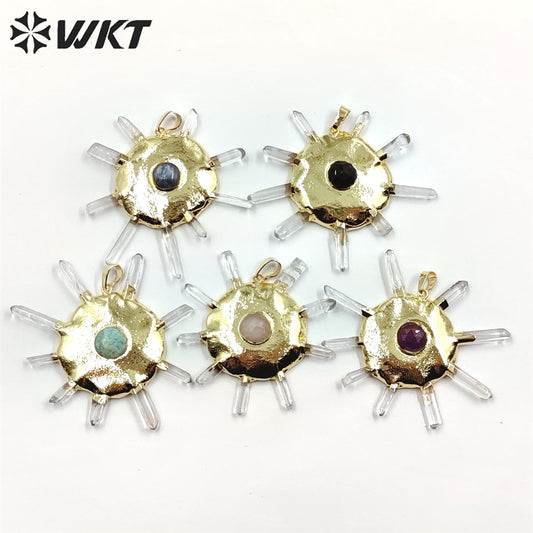 WT-P1884 WKT New Design Fashion Crown Shape Crystal Quartz Pendant Boho Women Round Wheel Stone Pendant for Necklace