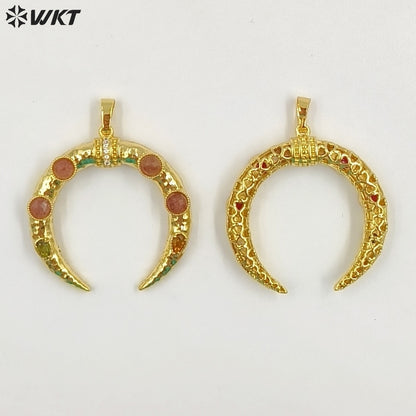 WT-P2050 Delicate 18K Gold Plated Zircon And Lapis Multi Gemstones Horn Shape Pendants For Women DIY Jewelry Accessories