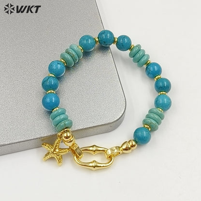 WT-B711 Trendy Gold Plated Natural Gemstones Beads With Little Fish Shell Charms Women Bracelets For Daily Decorative Jewelry