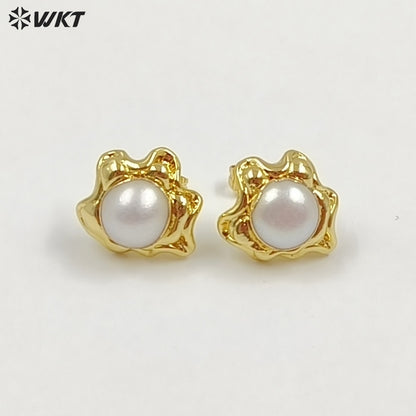 WT-EHP104 Delicate 18K Gold Plated Natural Freshwater Pearl Sun Shape Little Earrings Finding With Hoop For Women Jewelry DIY
