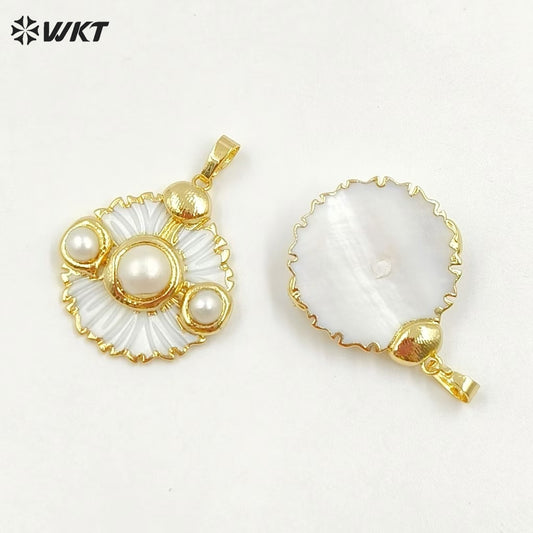 WT-JP395 New Trend Soft Lovely Natural Shell Set With Pearl 18K Gold Plated Round Flower Pendant for Women As Daily Decoration