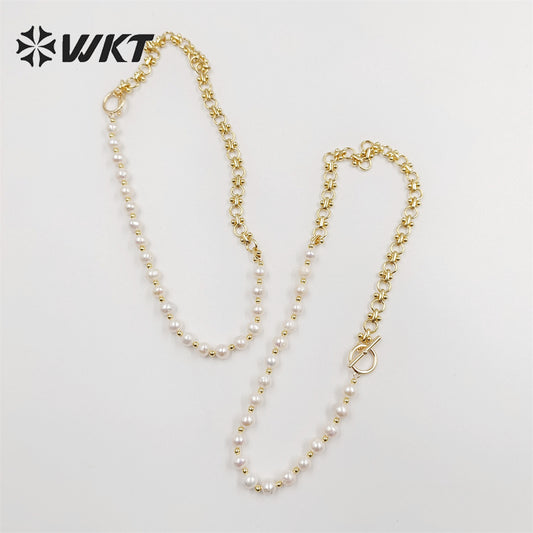WT-JN232 WKT Exclusive Design Mixture Chain and Pearl Unique Necklace INS Hot Photato Pearl Beads Necklace in Choker