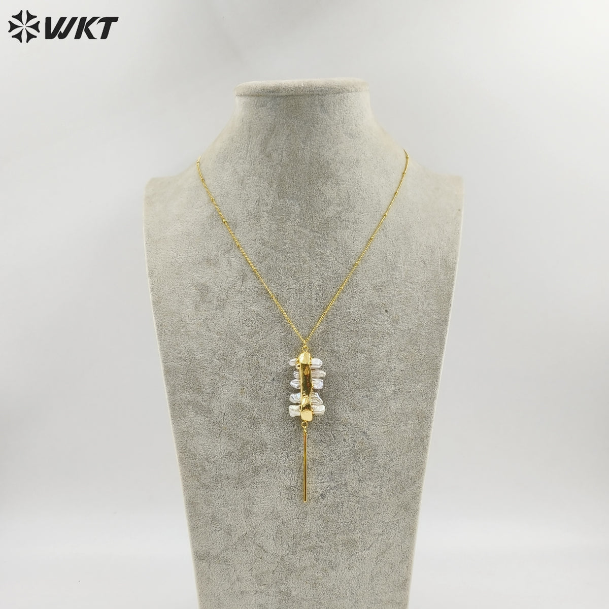 WT-N1124 Wholesale Freshwater Pearl Connector Necklace, 18K Real Gold Plated Stick Shape Freshwater Pearl Necklace
