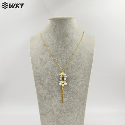 WT-N1124 Wholesale Freshwater Pearl Connector Necklace, 18K Real Gold Plated Stick Shape Freshwater Pearl Necklace