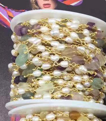 WT-RBC170 Gorgeous Natural amazon Stone Beads Chain with Pearl Mix Elegant Lady Jewelry DIY Necklace Chain for Design Wire Chain