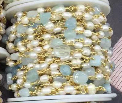 WT-RBC170 Gorgeous Natural amazon Stone Beads Chain with Pearl Mix Elegant Lady Jewelry DIY Necklace Chain for Design Wire Chain