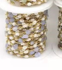 WT-RBC170 Gorgeous Natural amazon Stone Beads Chain with Pearl Mix Elegant Lady Jewelry DIY Necklace Chain for Design Wire Chain