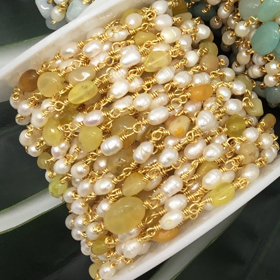 WT-RBC170 Gorgeous Natural amazon Stone Beads Chain with Pearl Mix Elegant Lady Jewelry DIY Necklace Chain for Design Wire Chain