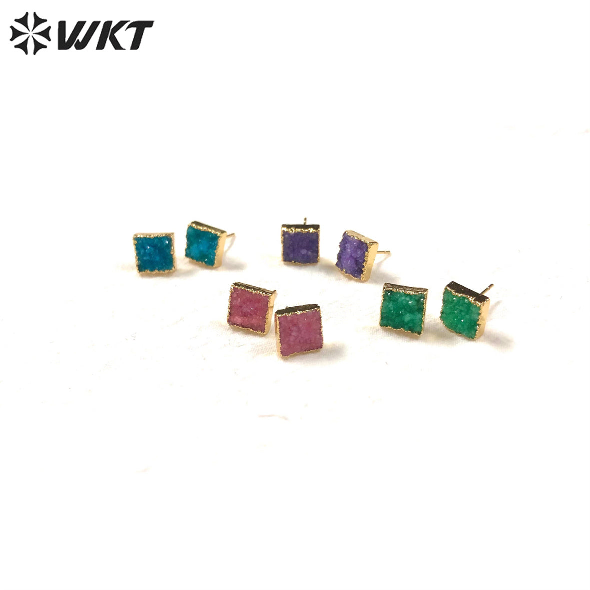 WT-E274 Wholesale Fashion Gold Plated Colorful Druzy Quartz Studs Earrings Natural Women 10mm square Stone Studs