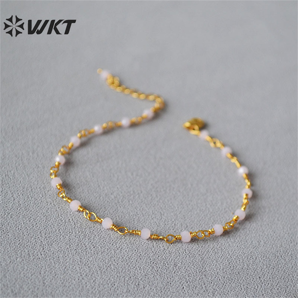WT-JF339 Wholesale Fashion Gold Plated Resist Tarnishable Rosary Beads Chain Bracelet Natural Stone Beads Chain Bracelets