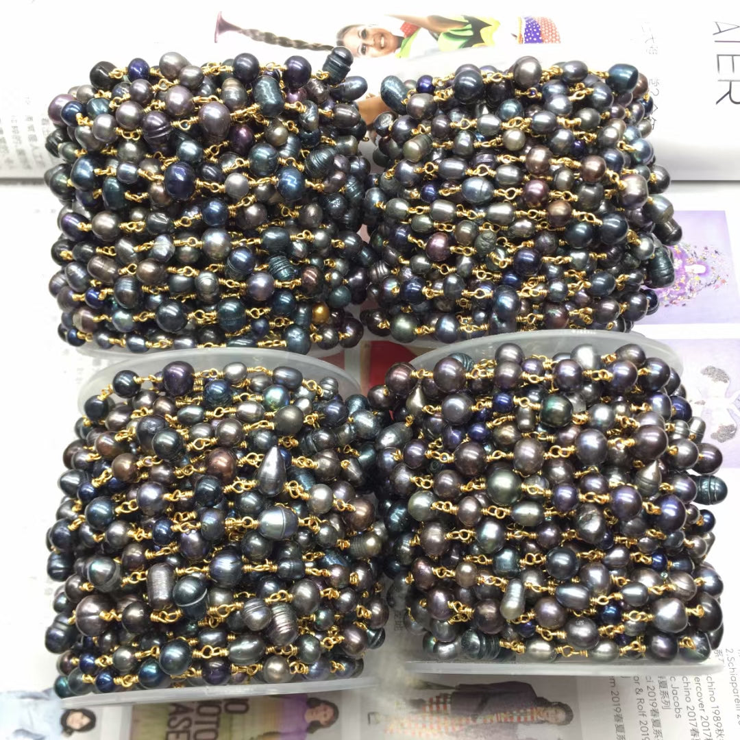 WT-RBC217 Gorgeous Handmade Natural Grey Freshwater Pearl Beads Chain Lady Jewelry Accessory Findings Chain for Necklace