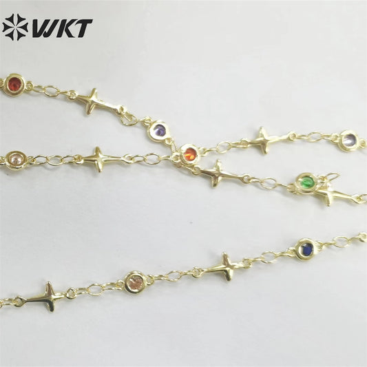 WT-RBC213 Fashion Gold Plated Colorful Cubic Zircon Cross Chain Religious Charming Jewelry DIY Making Chain for Bracelet