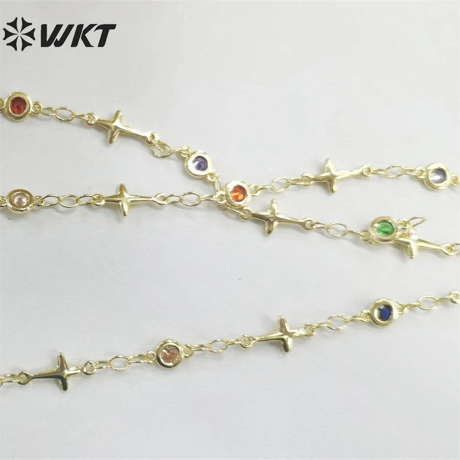 WT-RBC213 Fashion Gold Plated Colorful Cubic Zircon Cross Chain Religious Charming Jewelry DIY Making Chain for Bracelet