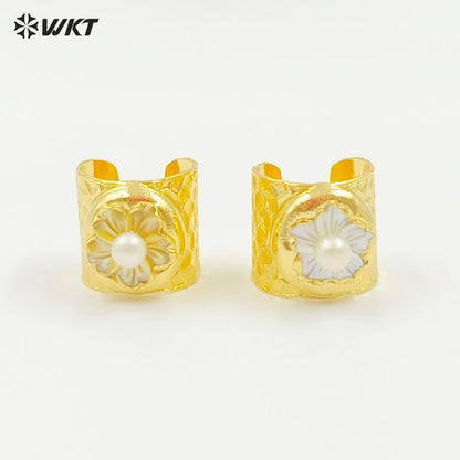 WT-MPR120 Hot Elegant 18K Gold Plated and Silver Delicate Flower Pearl Special Grain Ring for Stylish Women As Daily Decoration