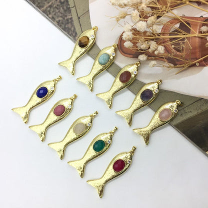 WT-MP319 Dainty Cute Gold Plated Natural Gemstones And Zircon Hollow Design Fish Shape Pendants For Girls Necklace Making