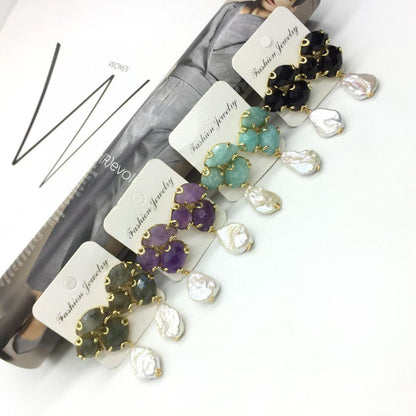 WT-MPE168 High Quality Handmade Three Natural Gemstones And Pearl Ladies Drop Earrings For Fashion Elegant Jewelry Gift