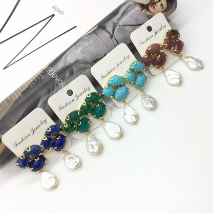 WT-MPE168 High Quality Handmade Three Natural Gemstones And Pearl Ladies Drop Earrings For Fashion Elegant Jewelry Gift