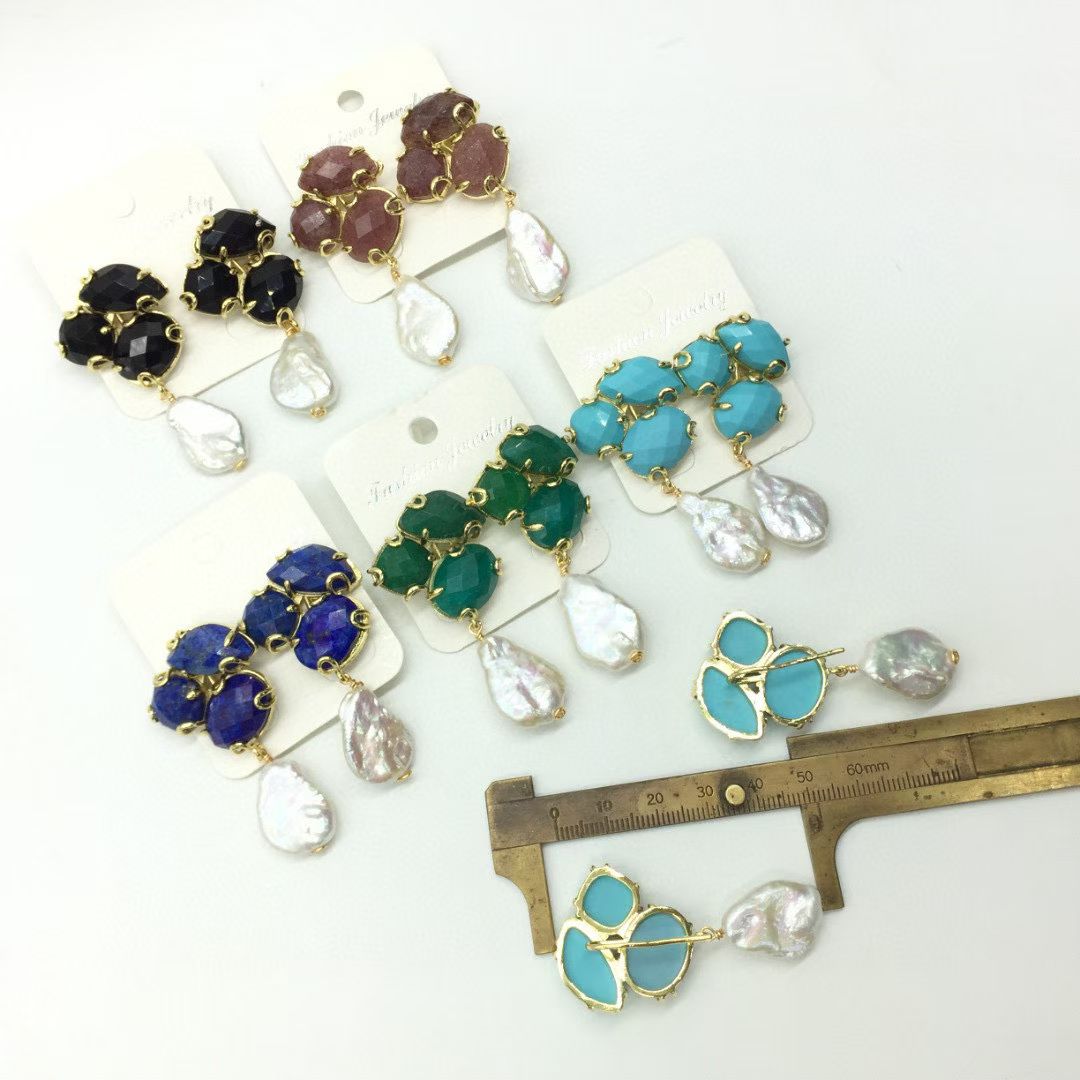WT-MPE168 High Quality Handmade Three Natural Gemstones And Pearl Ladies Drop Earrings For Fashion Elegant Jewelry Gift