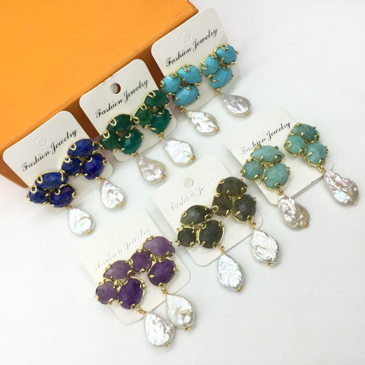 WT-MPE168 High Quality Handmade Three Natural Gemstones And Pearl Ladies Drop Earrings For Fashion Elegant Jewelry Gift