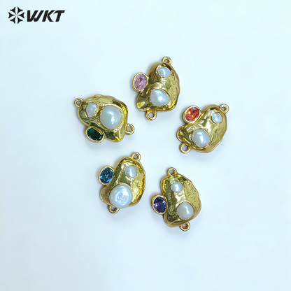 WT-PC023 New Arrival 18K Gold Plated Pearl And Various Colors Zircon Connector With Double Hoops For Women Bracelets Making