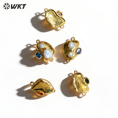 WT-PC023 New Arrival 18K Gold Plated Pearl And Various Colors Zircon Connector With Double Hoops For Women Bracelets Making