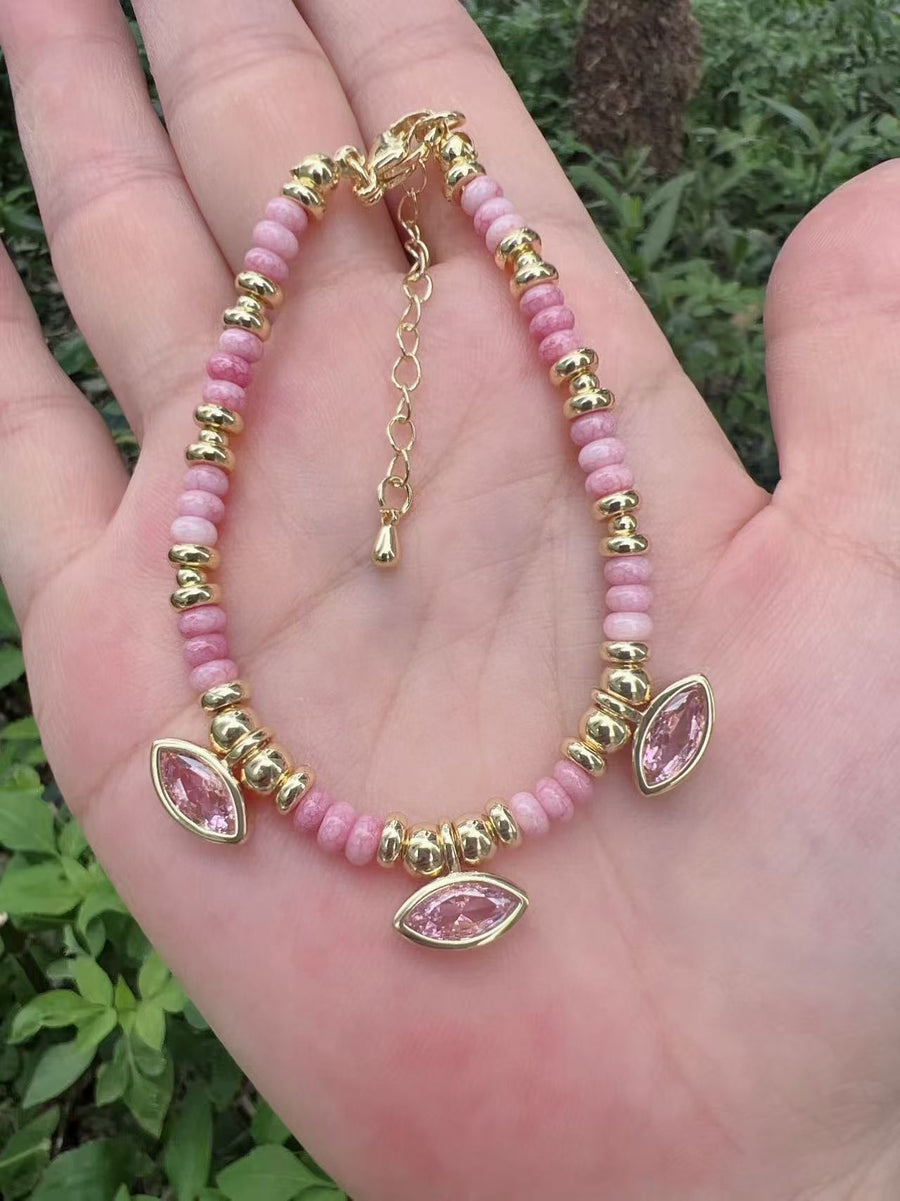WT-MB132 Lovely Trendy Gold Plated Brass Beads And Natural Gemstone With Zircon Bracelets For Girl Daily Wearing Jewelry