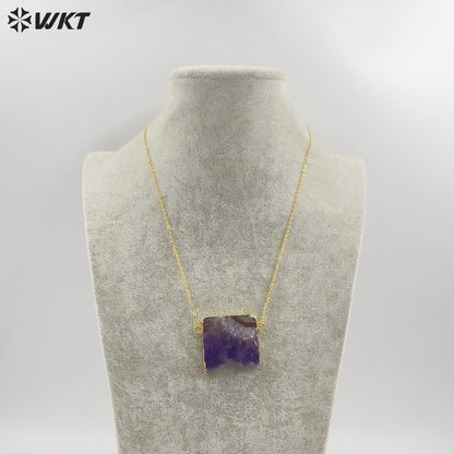 WT-N121 Amazing Unique Slice Natural Druzy Amethyst Stone Necklace With 18K Gold Plated on Trim Energy Gemstone Pendant
