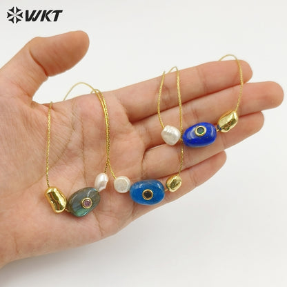 WT-N1541 Elegant Trendy Style Gold Electroplated Tiny Chain With Natural Gemstone And Pearl Pendant Necklace For Daily Wearing